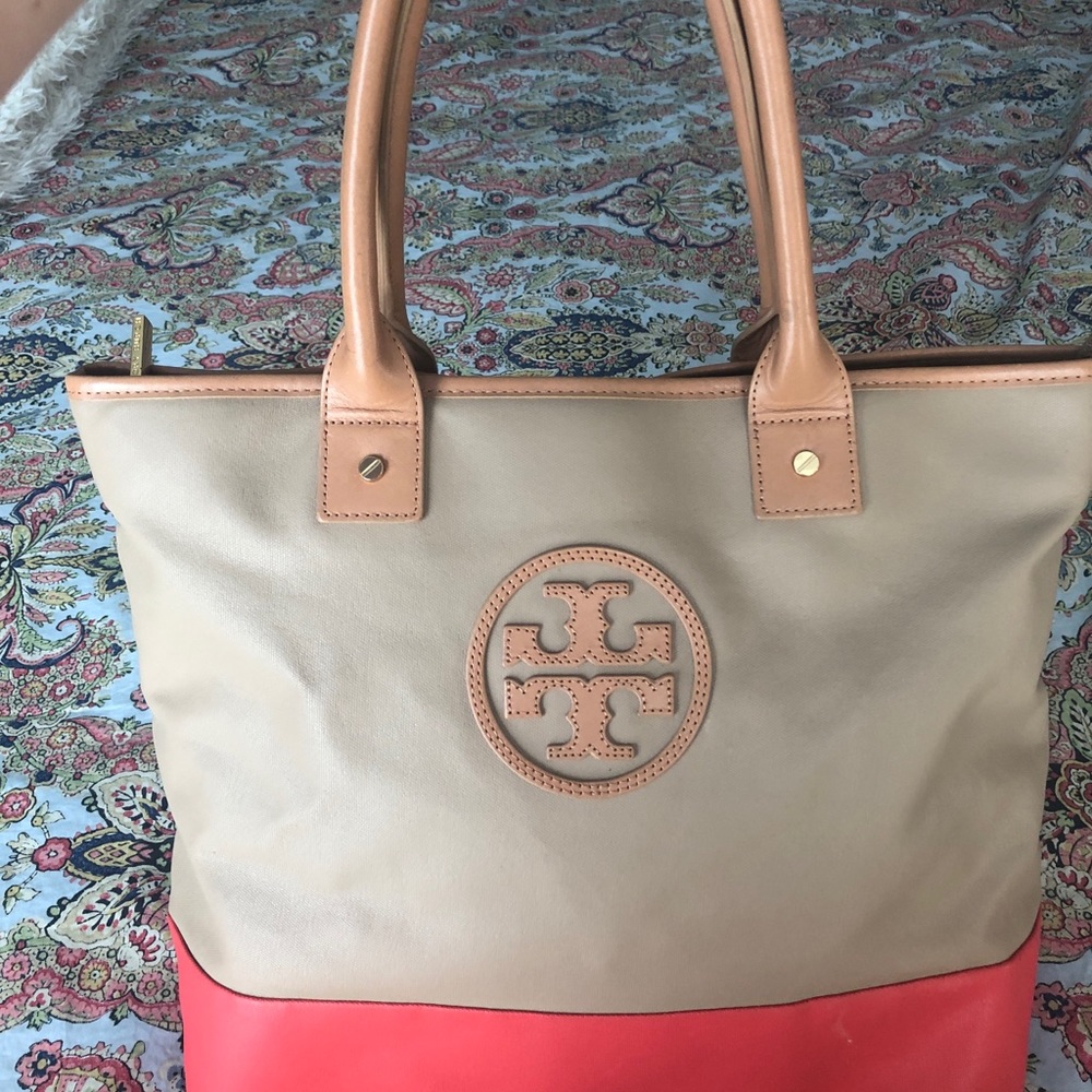 Tory Burch Camel and Coral Color Block Tote